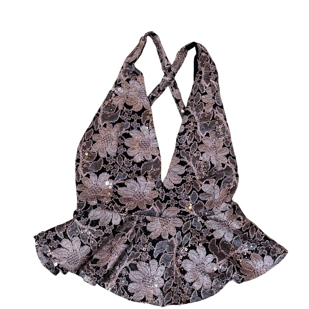 Privy Women's Black Pink Floral‎ Sequin Halter Peplum Top Size S Y2K